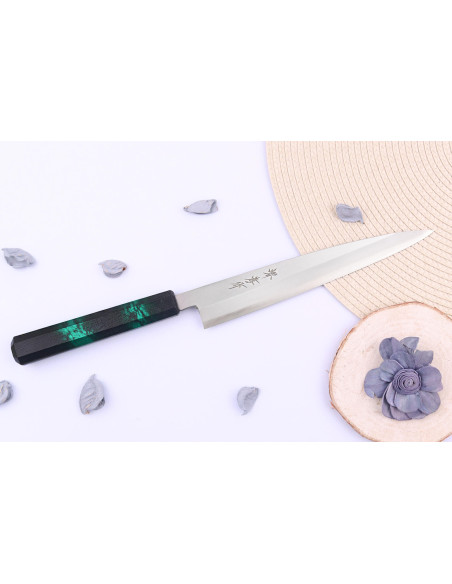 Sakai Takayuki Nanairo 21cm Japanese yanagiba knife Green lacquered resin handle