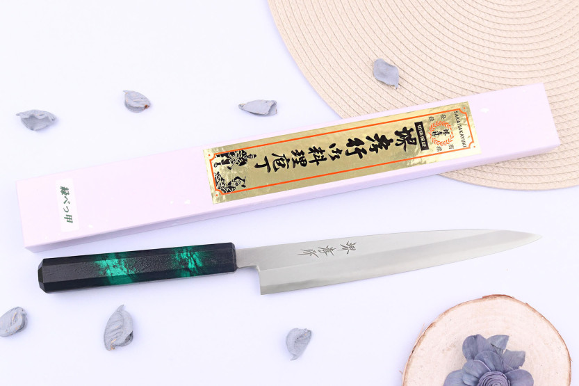 Sakai Takayuki Nanairo 21cm japanilainen yanagiba veitsi Vihreä lakattu hartsikahva