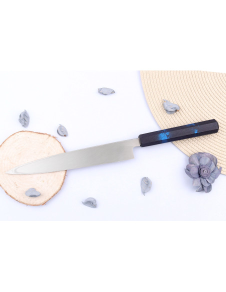Cuchillo japonés yanagiba Sakai Takayuki Nanairo 21cm Mango de resina lacado azul