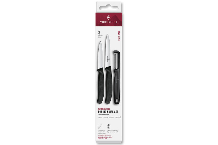 Sett med 2 Victorinox SwissClassic-kniver + 1 skreller svart