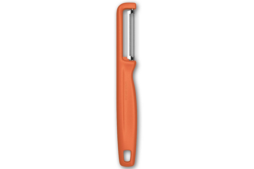 Victorinox Iota -kuorimaveitsi, jossa on sahalaitainen terä ja oranssi kahva