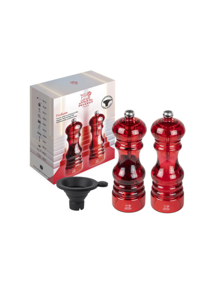 Geschenkverpakking 2 Peugeot Podium molens in rood acryl 18cm