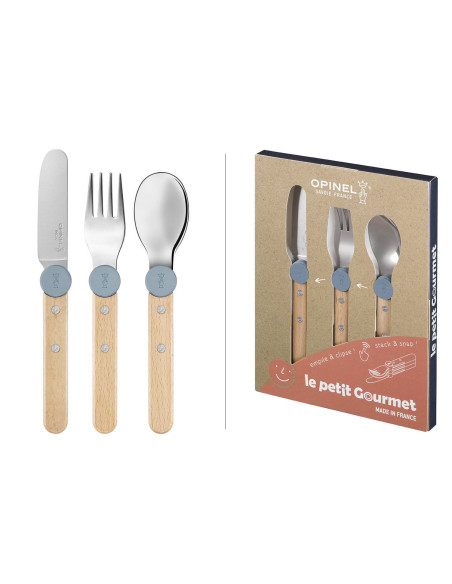 Juego de cubiertos infantiles Opinel Le Petit Gourmet en azul lluvia