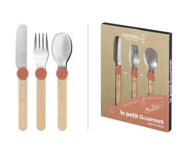 Opinel Le Petit Gourmet -lasten ruokailuvälinesarja, korallivärinen