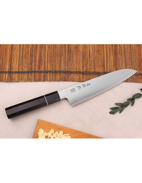 Faca japonesa de santoku de 19,5 cm Sukenari ZDP-189 San Maï com cabo de ébano