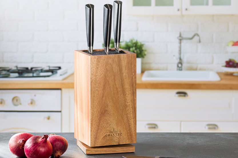 Cristel empty rotating knife block in acacia wood
