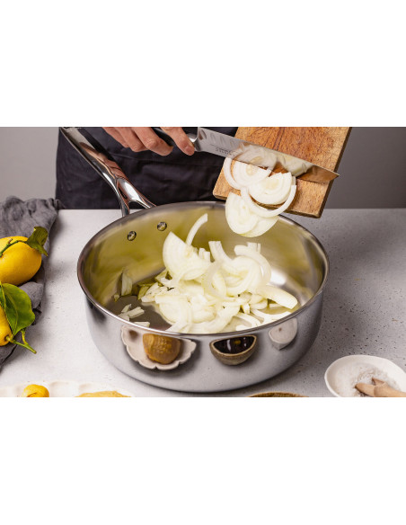 Cristel Castel'Pro sauterpanne i 18/10 rustfritt stål 5-lags fast håndtak + glasslokk