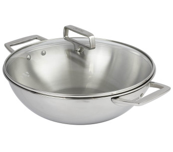 Wok Cristel Castel'Pro 28cm 18/10 ruostumattomasta teräksestä 3 kerrosta 2 kiinteää kahvaa ja kansi.
