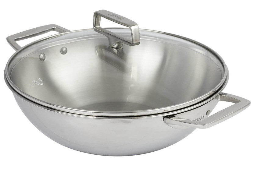Wok Cristel Castel'Pro 28 cm i 18/10 rustfrit stål 3-lags 2 faste håndtag med låg