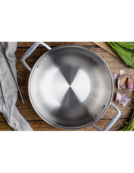 Wok Cristel Castel'Pro 28cm in 18/10 stainless steel 3 ply 2 fixed handles with lid