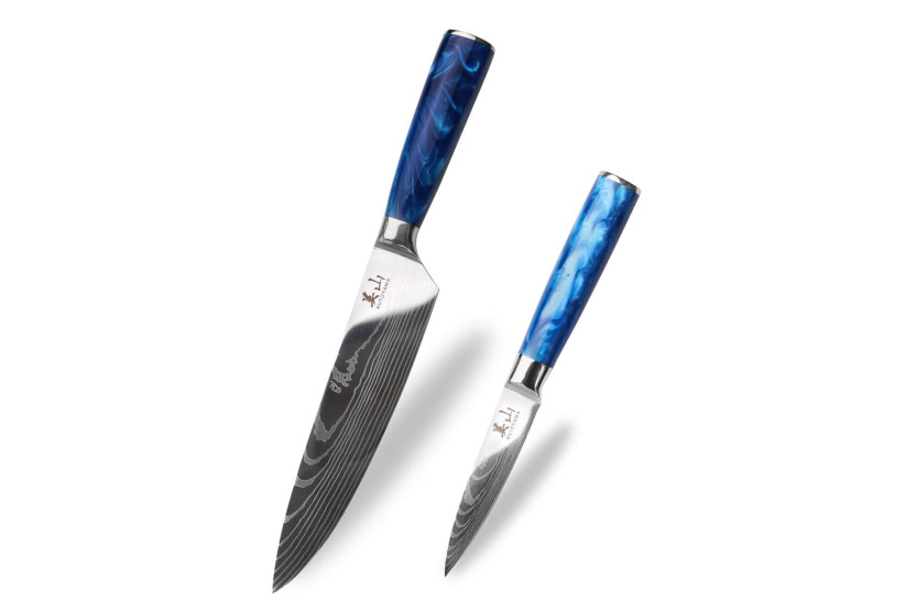 Sett med 2 Kutoyama Blue Wave kokkekniver + kontorkniver