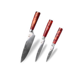 Sett med 3 Kutoyama Red Flame kokkekniver + universalkniver + kontorkniver
