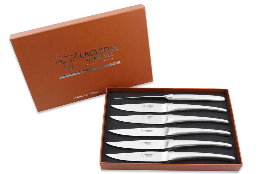 Sett med 6 Laguiole Aubrac bordkniver i børstet rustfritt stål monobloc