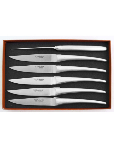 Juego de 6 cuchillos de mesa Laguiole Aubrac en acero inoxidable cepillado monobloque