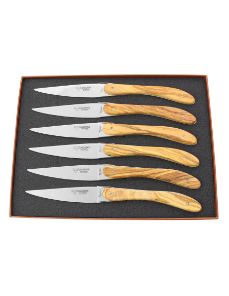 Coffret de 6 couteaux de table Laguiole en Aubrac l'Ecir manches en olivier