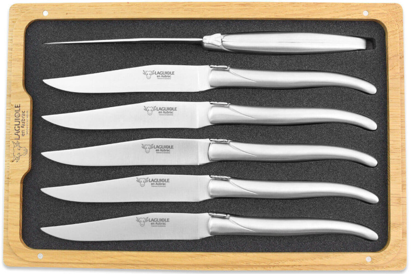 Caja de 6 cuchillos de mesa Laguiole Aubrac con mango de acero inoxidable mate