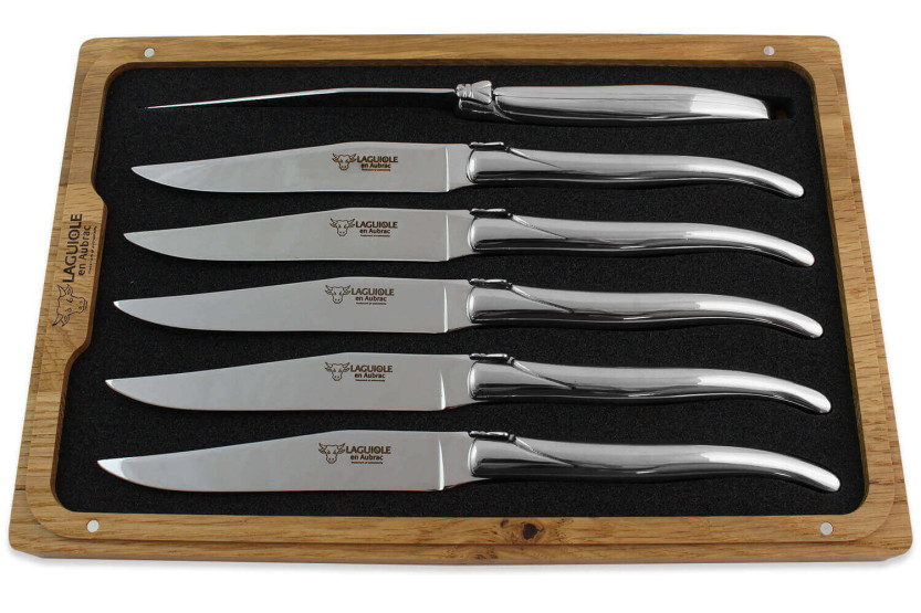 Caja de 6 cuchillos de mesa Laguiole Aubrac con mango de acero inoxidable brillante