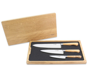 Set van 3 Laguiole Aubrac olijfhouten messen in doos: Office + Universal + Chef