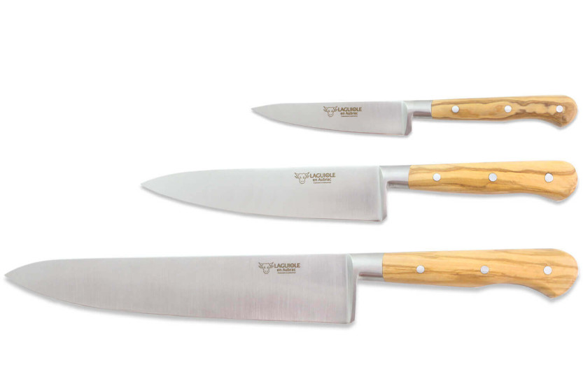 Set di 3 coltelli in legno d'ulivo Laguiole Aubrac in scatola: Office + Universal + Chef