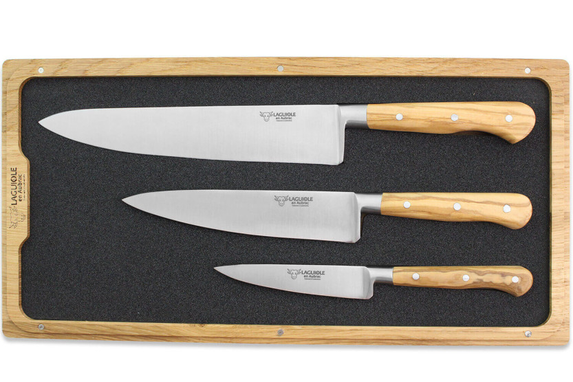 Set di 3 coltelli in legno d'ulivo Laguiole Aubrac in scatola: Office + Universal + Chef
