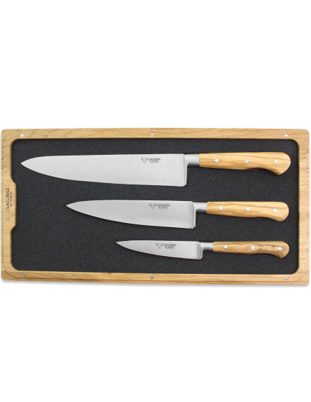Set di 3 coltelli in legno d'ulivo Laguiole Aubrac in scatola: Office + Universal + Chef