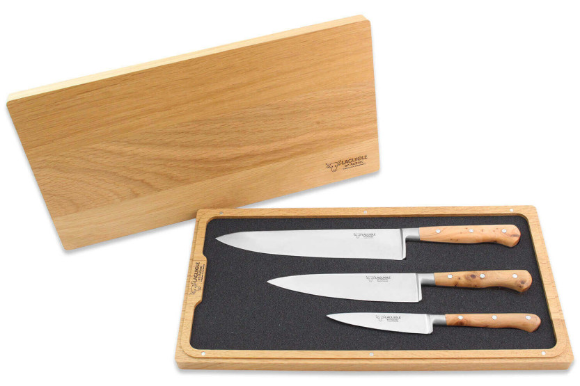 Caja de 3 cuchillos Laguiole enebro de Aubrac: Office + Universal + Chef