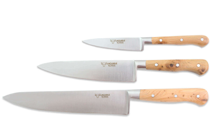 Caja de 3 cuchillos Laguiole enebro de Aubrac: Office + Universal + Chef