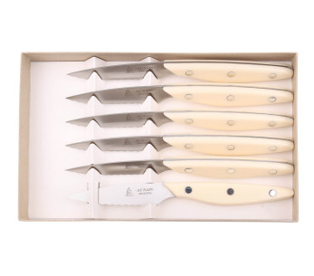 Estuche 6 cuchillos chuleteros Au Nain Brasserie marfil, microdentados 2