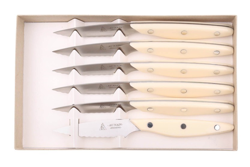 Estuche 6 cuchillos chuleteros Au Nain Brasserie marfil, microdentados