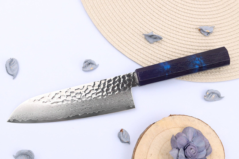 Japanisches Santokumesser 17cm Sakai Takayuki Nanairo Blue Damast VG10