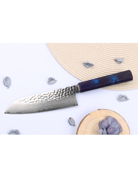Cuchillo santoku japonés Sakai Takayuki Nanairo Azul Damas VG10 17cm
