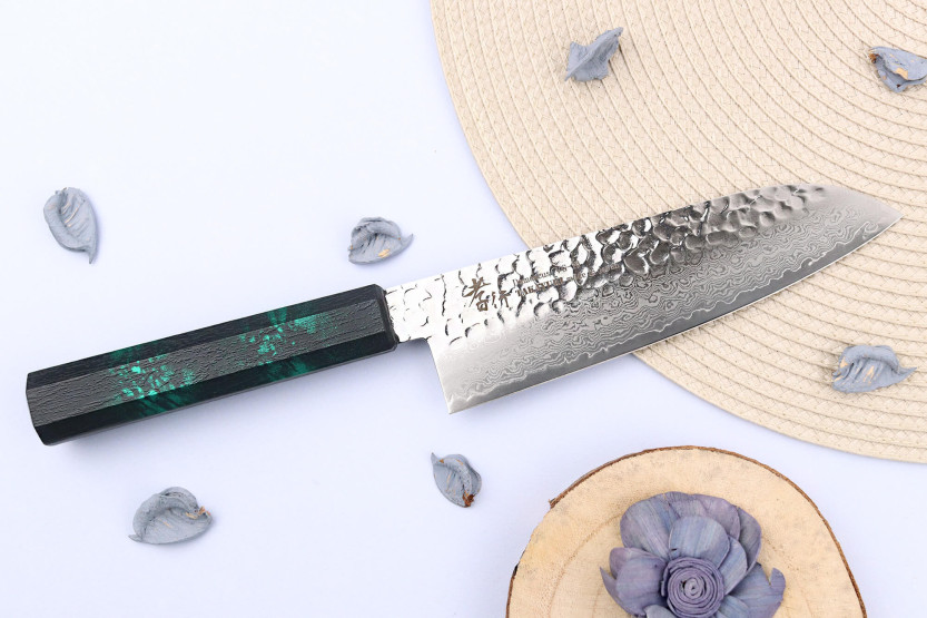Japanisches Santokumesser 17cm Sakai Takayuki Nanairo Green Damast VG10