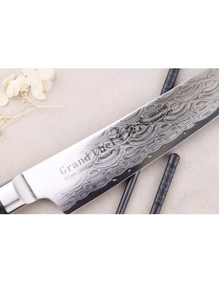 Cuchillo Sakai Takayuki Grand Chef Seigaiha Damascus 24cm sujihiki, 45 capas