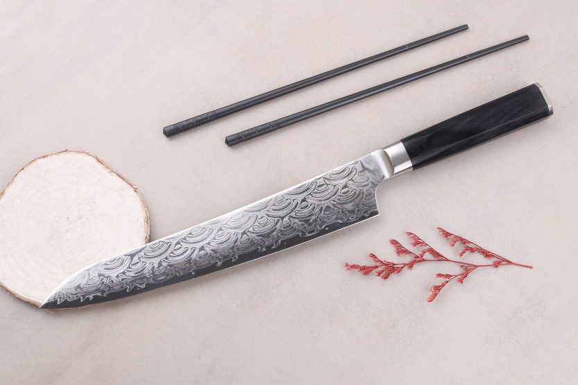 Faca Sakai Takayuki Grand Chef Seigaiha Damascus 24cm sujihiki, 45 camadas