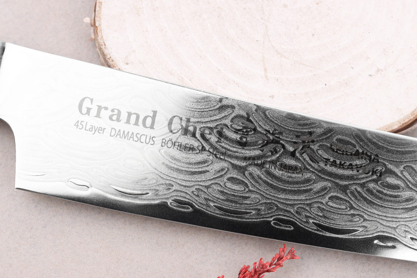 Faca Sakai Takayuki Grand Chef Seigaiha Damascus 45 camadas kengata sujihiki 25cm japonesa