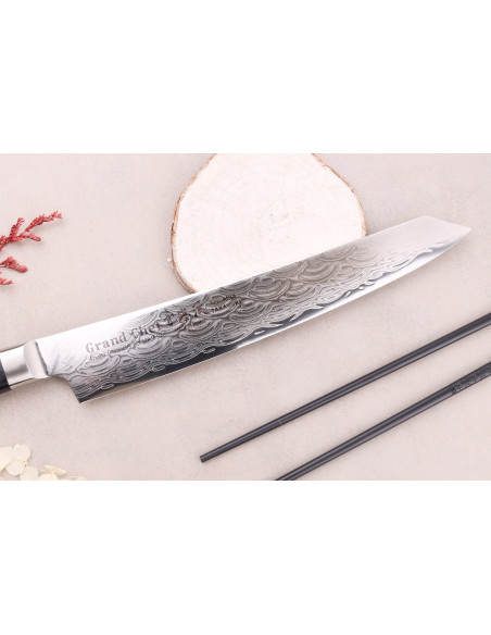 Sakai Takayuki Grand Chef Seigaiha Damaskus 45 lager kengata sujihiki kniv 25cm japansk