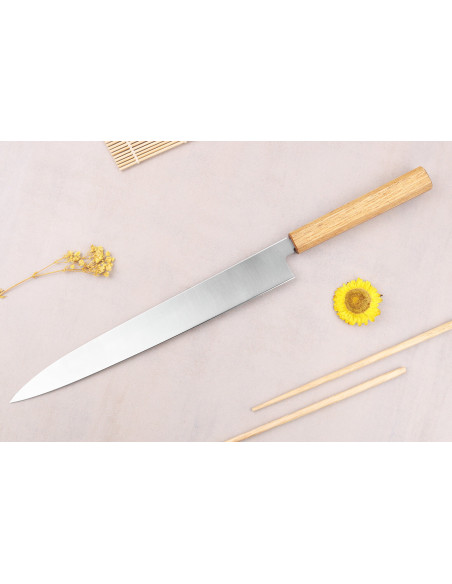 Coltello yanagiba giapponese fatto a mano Tsunehisa AUS-8 da 30 cm con manico in quercia