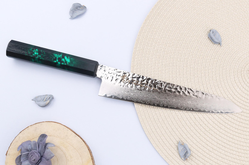 Sakai Takayuki Nanairo Green Damascus VG10 Japanese chef knife 21cm
