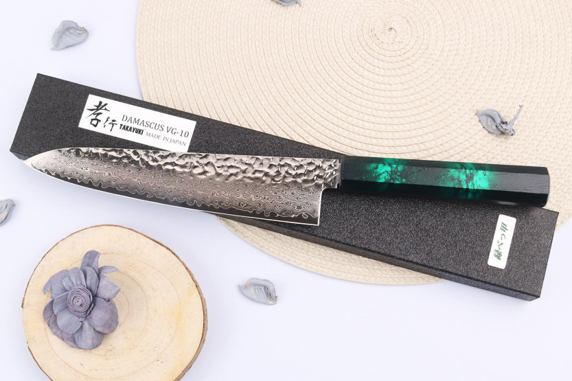 Sakai Takayuki Nanairo Green Damascus VG10 Japanese chef knife 21cm