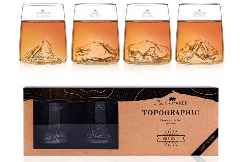 Sett med 4 Alaskan Maker Topographic Swiss Edition krystall shotglass