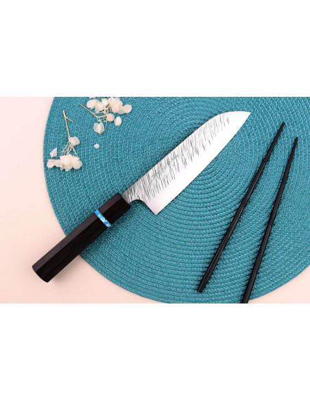 Yu Kurosaki Fujin 16,5cm SG2 turquoise handgemaakt Japans santoku mes