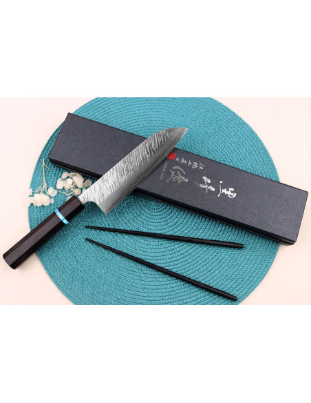 Yu Kurosaki Fujin 16,5cm SG2 turquesa cuchillo santoku japonés hecho a mano