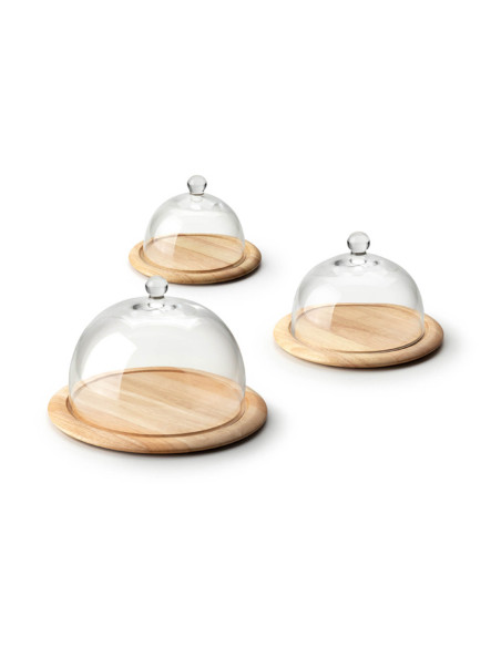 Tabuleiro para queijo Continenta em madeira de seringueira com campânula de vidro Ø20x14cm