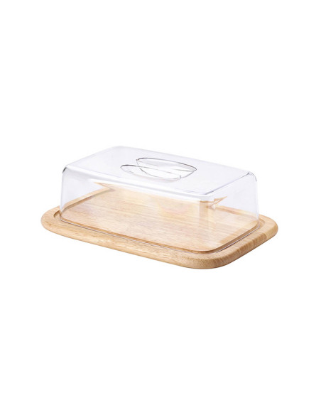 Rektangulär ostbricka med Continenta-klocka i gummiträ 30x20x8,5cm