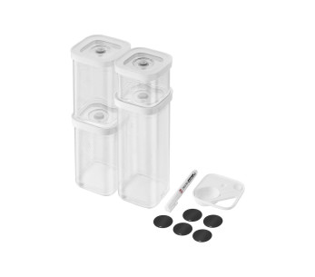 6-osainen setti Zwilling Fresh & Save Cube koko S 4 purkkia + 1 insertti + 1 merkintälaite.