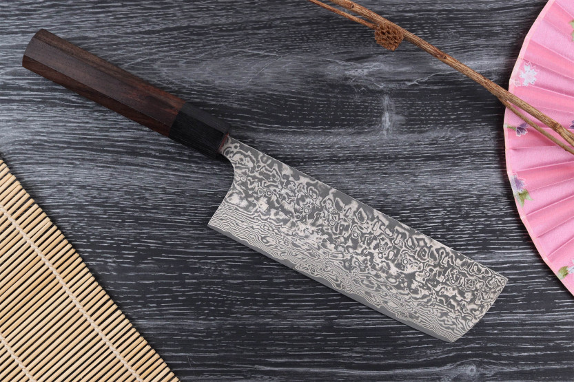 Takeshi Saji R2 Nikkel Damascus 16,5cm handgemaakt Japans nakiri mes