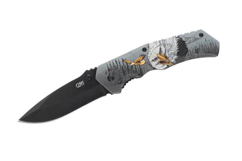 Herbertz 584212 foldekniv med svart blad og håndtak i rustfritt stål med ørnedesign 12 cm