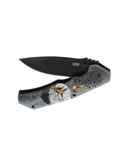 Herbertz 584212 foldekniv med svart blad og håndtak i rustfritt stål med ørnedesign 12 cm