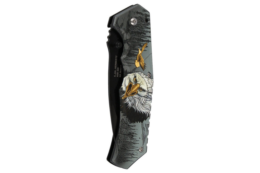 Herbertz 584212 foldekniv med svart blad og håndtak i rustfritt stål med ørnedesign 12 cm