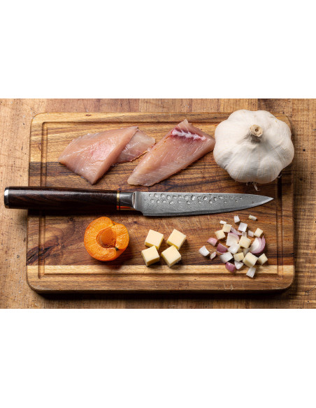 13cm Fukito Ebony Damascus hammered utility knife